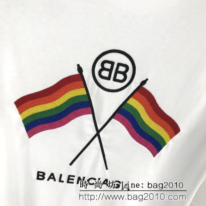 BALENCIAGA巴黎世家  19早春新款 刺繡彩旗 純棉男款白色短袖 ydi1764